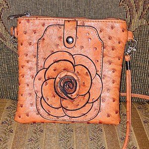 Jouel Orange Faux Ostrich Leather Rosette Clutch/Crossbody Bag